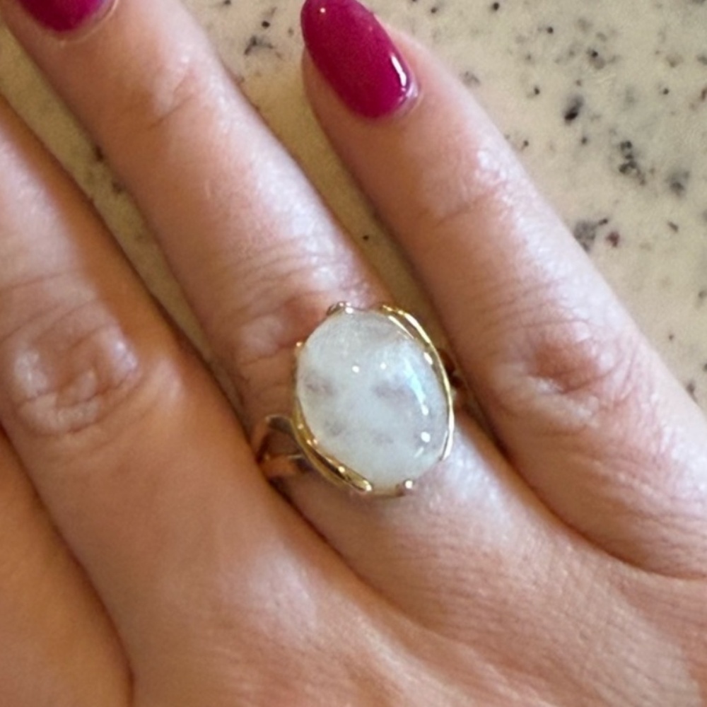 Vintage 925 Gold-Washed Sterling Ring Size 8 White Moonstone Cabochon